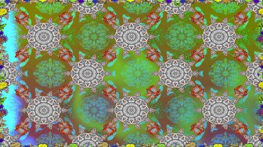 Raster illüstrasyonunda kusursuz çiçek deseni. Suluboya tarzında yeşil renkte çiçekler.