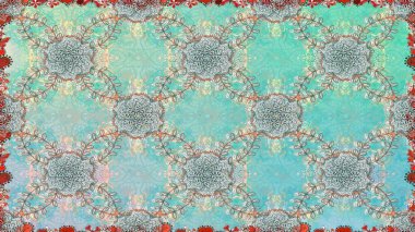 Çiçek çelengi. Şablon, pürüzsüz, çiçekli kenar. Raster illüstrasyonu. Eski moda arka plan. Kıvırcık, parlak örgü. Güzel, pürüzsüz kumaş, tuval..