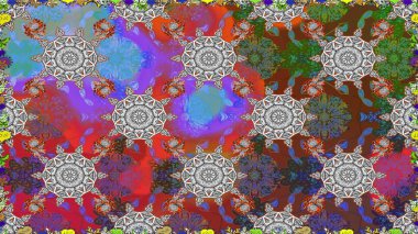 Eski moda arka plan. Şablon, pürüzsüz, çiçekli kenar. Güzel, parlak, pürüzsüz kumaş, tuval. Kıvırcık, parlak örgü. Raster illüstrasyonu. Çiçeklerin çelengi.