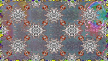 Çok renkli, zarif küçük çiçekler ve gri renkli komik böcekler, raster desen, illüstrasyon.