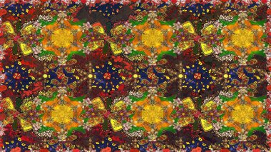 Raster deseni. Kahverengi renklerde bahar çiçekleri. Patlayan çiçekler soyut olarak yerleştirilmiş. Raster illüstrasyonu.