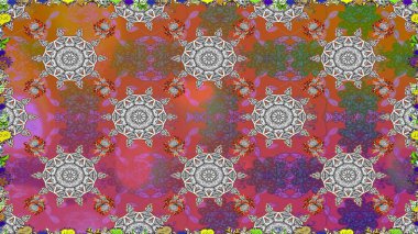 Raster Çiçek İllüstrasyonu 'nun şirin tekstili. Gri renkli etnik çiçeklerle kusursuz bir desen..