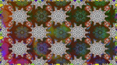 Renkli Bahar Temalı Kusursuz Arkaplan. Düz Çiçek Elementleri Tasarımı. Raster illüstrasyonu. Kahverengi renkli çiçekler. Çiçekli, suluboya desenli kusursuz çiçek deseni.