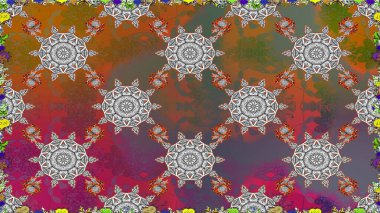 İşlemeli çiçekli, dikişsiz desen. Renkli grunge, soyut arkaplanı colokahverengi çiçeklerle süslüyor. İzler, kumaş, duvar kağıtları, tekstil için raster dokusu.