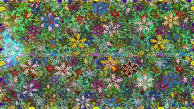 Çiçekli karalama şeklinde Raster çiçek deseni. Raster illüstrasyonu. Yumuşak, yeşil renkte bahar çiçekleri.