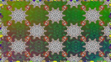 Düz Çiçek Elementleri Tasarımı. Yeşil renkli çiçekler. Renkli Yaz Temalı Kusursuz Arkaplan. Raster illüstrasyonunda kusursuz çiçek deseni.