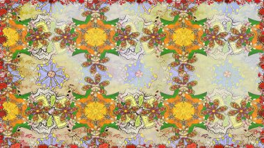 Tarafsız bir arkaplanda. Çocuksu tasarım. El çizimi çiçekli, pürüzsüz bir desen. Tekstil, kumaş, ambalaj, hatıra defteri için güzel çiçek arkaplanı..