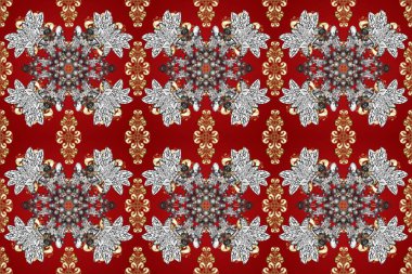 Kına dövmeli süs çiçekleri, altın çıkartmalar, mehndi ve yoga tasarımı, kartlar ve parmak izleri. Kırmızı, gri ve kahverengi renkte desen. Raster altın mehndi kusursuz desen.