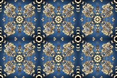 Geleneksel oryantasyon süsü. Klasik raster sarısı, kusursuz desen. Mavi, gri ve bej renklerde altın elementlerle kusursuz desen. Klasik vintage arkaplan.