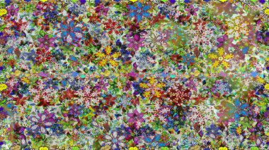 Renkli Bahar Temalı Kusursuz Arkaplan. Düz Çiçek Elementleri Tasarımı. Çiçeksel fantezi tasarımı. Parlak bir arka planda..