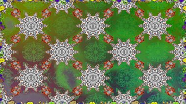 Renkli Yaz Temalı Kusursuz Arkaplan. Yeşil renkli çiçekler. Düz Çiçek Elementleri Tasarımı. Raster illüstrasyonunda trendsiz çiçek deseni.