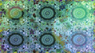 Damask altın soyut çiçek mavi renklerde dikişsiz desen. Raster illüstrasyonu. Süsleme.