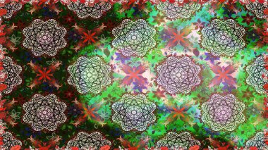 Raster hisseleri. Kusursuz bir arka plan modeli. Suluboya, elle çizilmiş. Yeşilde çiçekler.