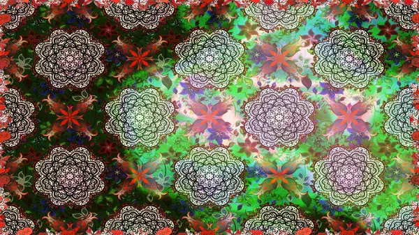 Raster hisseleri. Kusursuz bir arka plan modeli. Suluboya, elle çizilmiş. Yeşilde çiçekler.