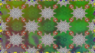 Renkli Yaz Temalı Kusursuz Arkaplan. Yeşil renkli çiçekler. Düz Çiçek Elementleri Tasarımı. Raster illüstrasyonunda trendsiz çiçek deseni.