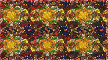 Modern çiçek arkaplanı. Parlak renkli çiçekleri ve kahverengi renkli yaprakları olan kusursuz çiçek desenleri. Halk tarzı. Moda baskıları için zarif bir şablon.