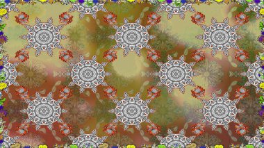 Renkli Bahar Temalı Kusursuz Arkaplan. Düz Çiçek Elementleri Tasarımı. Kahverengi renkli şirin çiçek deseni. Raster Modaya uygun kumaş deseni.