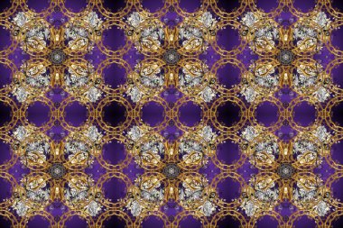 Doğu tarzında klasik tasarım öğesi. Duvar kâğıdı için altın süslü bir illüstrasyon. Dantelli iz sürücü. Çiçekli süslemeli, pürüzsüz bir desen. Geleneksel Arap dekoru bej, mor, kahverengi renkler.