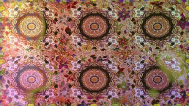 Kahverengi renklerde altın. Dekoratif simetri arabesk. Kusursuz ortaçağ çiçek deseni. Raster illüstrasyonu. Doğum günü, davetiye ya da afiş için tebrik kartı.