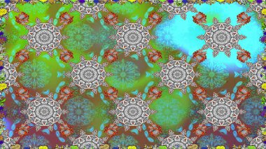 Raster Çiçek İllüstrasyonu 'nun şirin tekstili. Yeşil renkli etnik çiçeklerle kusursuz bir desen..