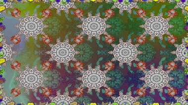 Raster illüstrasyonu. Raster illüstrasyonu. Şirin karalama çiçekleri olan kusursuz çiçek desenleri. El yapımı çiçek ve bitki koleksiyonu. Çizim biçimi yeşil renklerde.