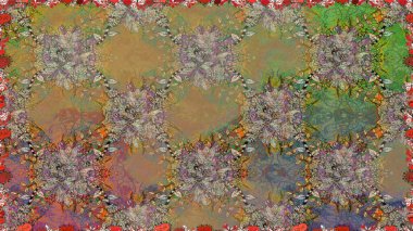 Süslü kumaş deseni. Renkli Bahar Temalı Kusursuz Arkaplan. Düz Çiçek Elementleri Tasarımı. Raster illüstrasyonunda kusursuz çiçek deseni.