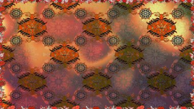 Kahverengi renkler ve parlak çiçekler üzerinde soyut, pürüzsüz desen. Çiçeksel elementlerle süslenmiş zarif raster dokusu. Küçük çiçekte şirin bir çiçek deseni var..