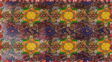 Parlak renkli çiçekleri ve kahverengi renkli yaprakları olan harika bir çiçek deseni. Moda baskıları için zarif bir şablon. Halk tarzı. Modern çiçek arkaplanı.