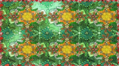 Düz Çiçek Elementleri Tasarımı. Raster illüstrasyonundaki çiçek desenli çizim. Yeşil renkli çiçekler. Renkli Bahar Teması çizim şablonu.