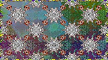 Soyut etnik raster kusursuz desen. Arkaplan dokusu, duvar kağıdı, çiçek temalı gri renkler. Kabile sanatı boho baskısı, klasik çiçek arkaplanı.