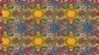 Desen, çizim, çiçek sınırı. Çiçek çelengi. Güzel, parlak, pürüzsüz kumaş, tuval. Kıvırcık, parlak örgü. Eski moda arka plan. Raster illüstrasyonu.