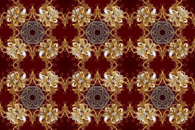 Dekoratif simetri arabesk. Kusursuz ortaçağ çiçek deseni. Raster illüstrasyonu. Kahverengi, kırmızı ve bej renklerde altın. Doğum günü, davetiye ya da afiş için tebrik kartı.