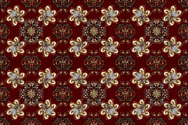 Şam, tasarım için kusursuz desen. Kırmızı, kahverengi ve bej renklerde, altın elementli, pürüzsüz desen.
