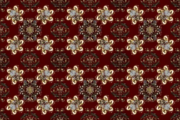 Şam, tasarım için kusursuz desen. Kırmızı, kahverengi ve bej renklerde, altın elementli, pürüzsüz desen.