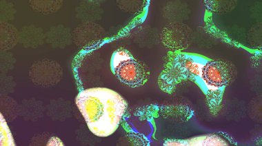 Raster düz çiçek çizim deseni. Hediye ambalaj kağıdı, tebrik kartları, posterler ve pankart tasarımı. Yeşil renkte çiçekler.