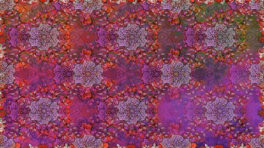 El çizimi çiçek unsurları olan soyut, dikişsiz raster deseni. Retro tekstil tasarım koleksiyonu. Çiçekli ipek eşarp. 1950-1960 motifleri. Mor üzerine mor.