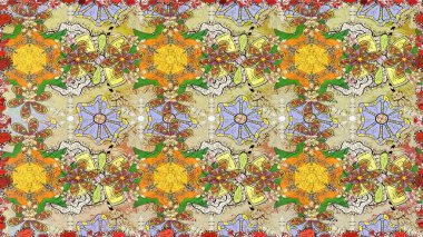 Renkli süs kenarı. Kusursuz desen. Raster illüstrasyonu. Hint süsü. Çiçek duvar kağıdı. Tarafsız renklerde.