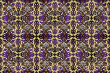 Çiçek deseni. Duvar kâğıdı barok, İspanyol kumaşı. Kahverengi, gri ve mor renklerde altın elementler. Şık bir grafik desen. Kusursuz raster arkaplanı.