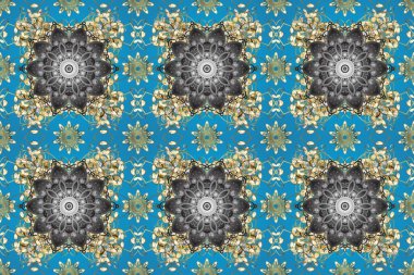 Doğu tarzında klasik tasarım öğesi. Çiçekli süslemeli, pürüzsüz bir desen. Arap dekoru mavi, gri ve nötr renklerde. Duvar kâğıdı için altın süslü bir illüstrasyon. Süslü dantel iz sürücü.