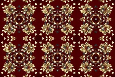 Kırmızı ve kahverengi renklerde altın elementlerle kusursuz desen. Kusursuz altın desen. Raster doğulu süsü.
