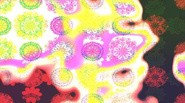 Çiçekli ipek eşarp. El çizimi çiçek unsurları olan soyut çizim raster deseni. 1950-1960 motifleri. Retro tekstil tasarım koleksiyonu. Sarı üstüne sarı.