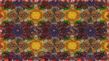 Raster illüstrasyonu. Kahverengi renklerde. Çiçek buketleriyle klasik tarzda eskiz deseni.