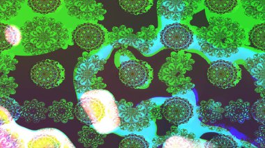 Retro tekstil tasarım koleksiyonu. Çiçekli ipek eşarp. Yeşil yeşile. 1950-1960 motifleri. El çizimi çiçek elementleri ile soyut çizim raster deseni.