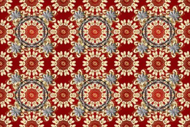 Doku arka planında altın duvar kâğıdı. Barok tarzında altın çiçekli süs. Damask kusursuz yinelenen arkaplan. Kırmızı, bej ve kahverengi renklerde altın element.