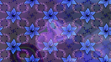 Varicoloet raster çizimi. Birçok menekşe ve soyut çiçekli tropik çizim deseni. Küçük çiçekte sevimli çiçek deseni var..