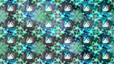 Raster illüstrasyonu. Şirin çiçekli eskiz deseni ve mavi renkli yapraklar, suluboya çiçek deseni, duvar kağıdı, kart veya kumaş için fayanslı.