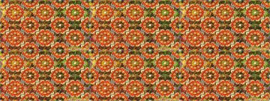 Altın rengi, kusursuz çizim. Raster geometrik arka plan. Kahverengi renklerde altın çiçekli altın desenler. Senin tasarımın için, duvar kağıdı..