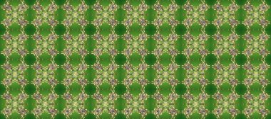 Raster illüstrasyonu. Yeşil, nötr ve bej renklerde, altın elementlerle klasik, pürüzsüz desen.