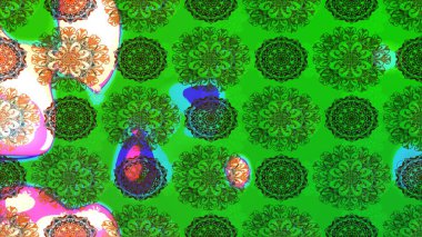 Raster - stok. Yapraklı çiçekler ve yeşil renkli papatya çiçekleri. Taslak arkaplan deseni.