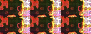 Parlak renkli çiçekleri ve gri renkli yaprakları olan harika bir çiçek deseni. Moda baskıları için zarif bir şablon. Modern çiçek arkaplanı. Halk stili.